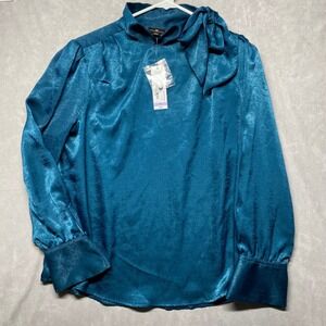 NWT Women's Blouse Worthington Teal With Attached Scarf Tie Size PM